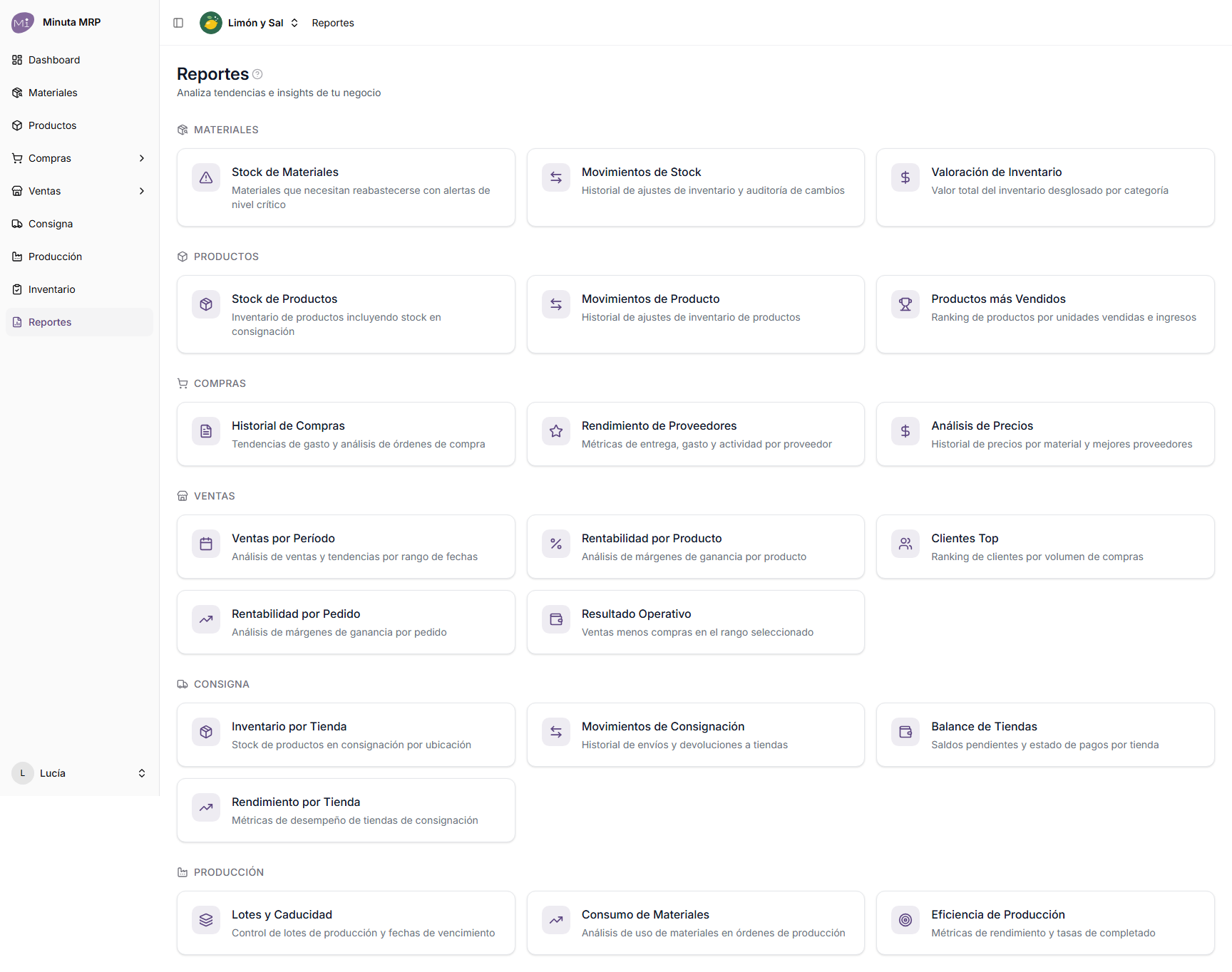 Centro de reportes con los reportes agrupados por categoría