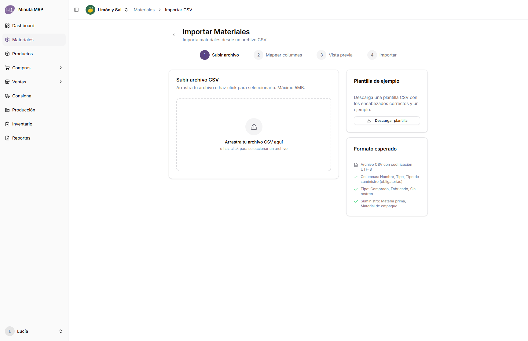 Asistente para importar materiales desde un archivo CSV