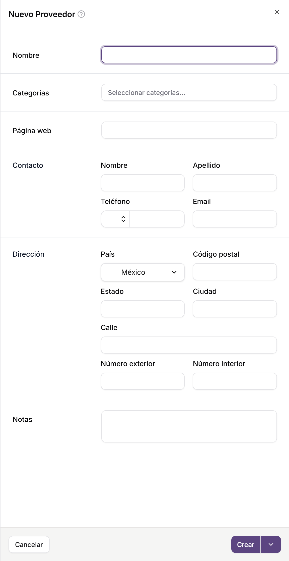 Formulario para crear un proveedor