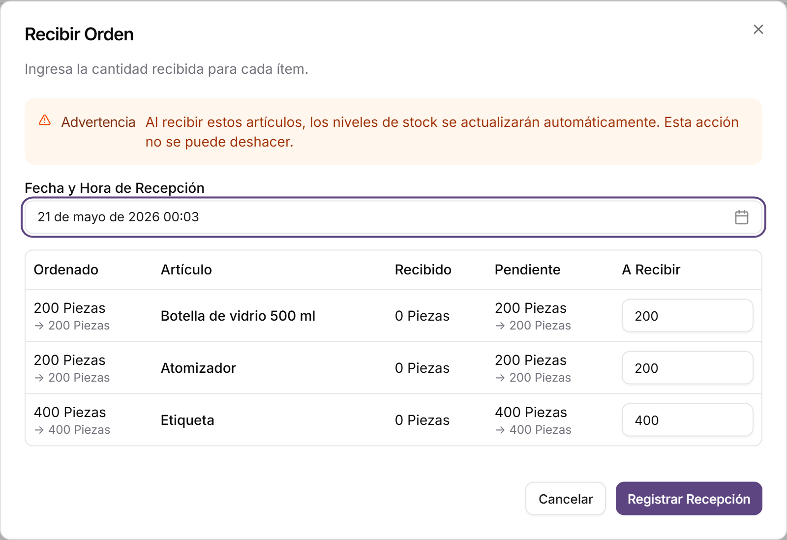 Diálogo para registrar la recepción de una orden