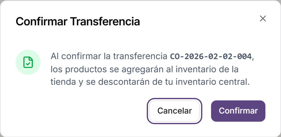 Ventana de confirmación de una transferencia