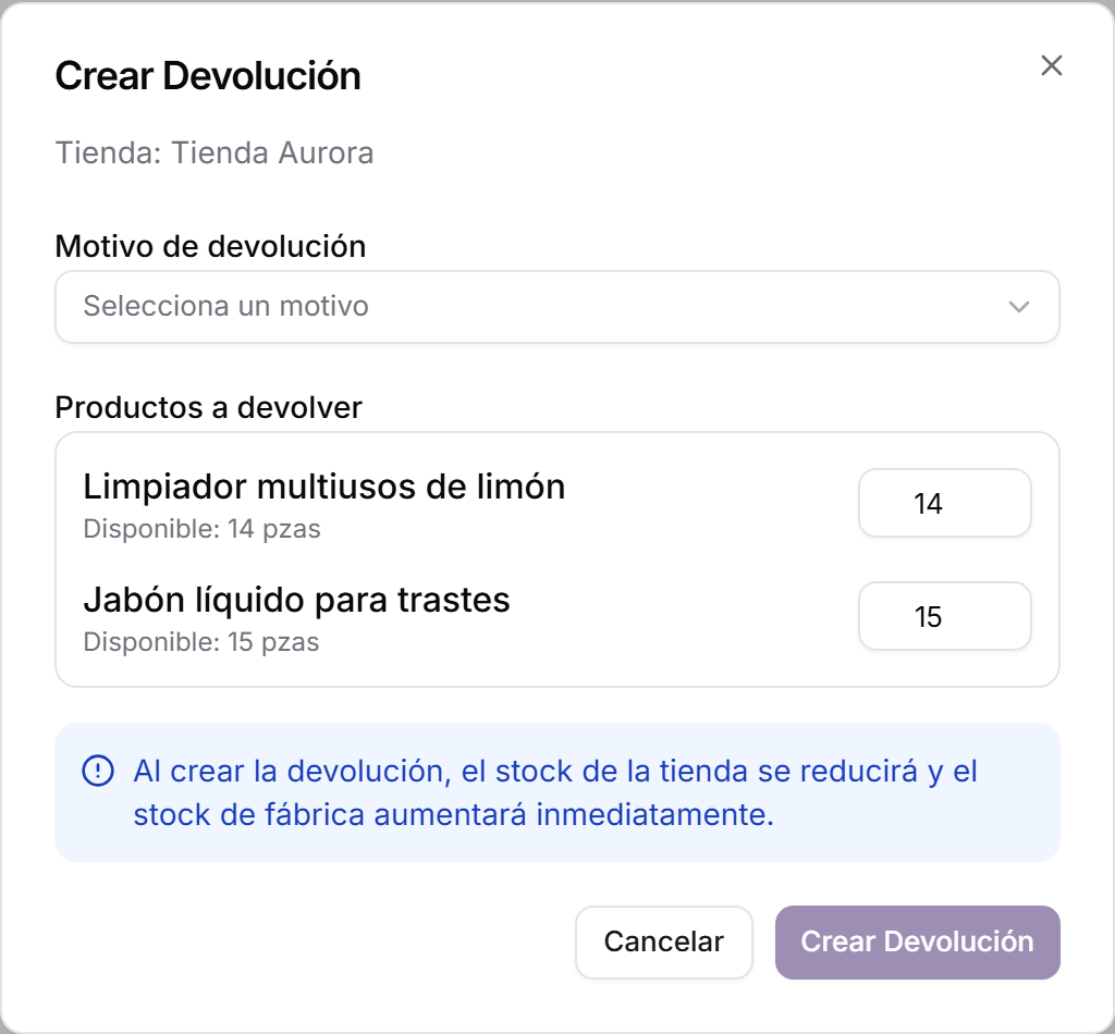 Ventana para crear una devolución desde una tienda