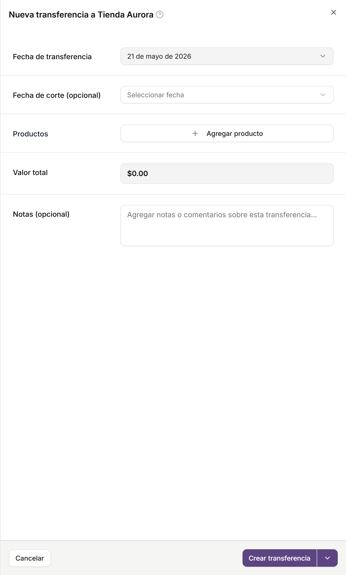 Formulario para crear una transferencia de consignación
