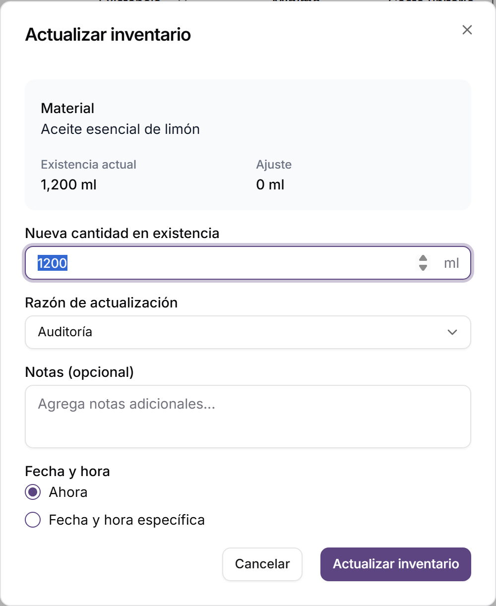 Diálogo para actualizar el inventario de un material