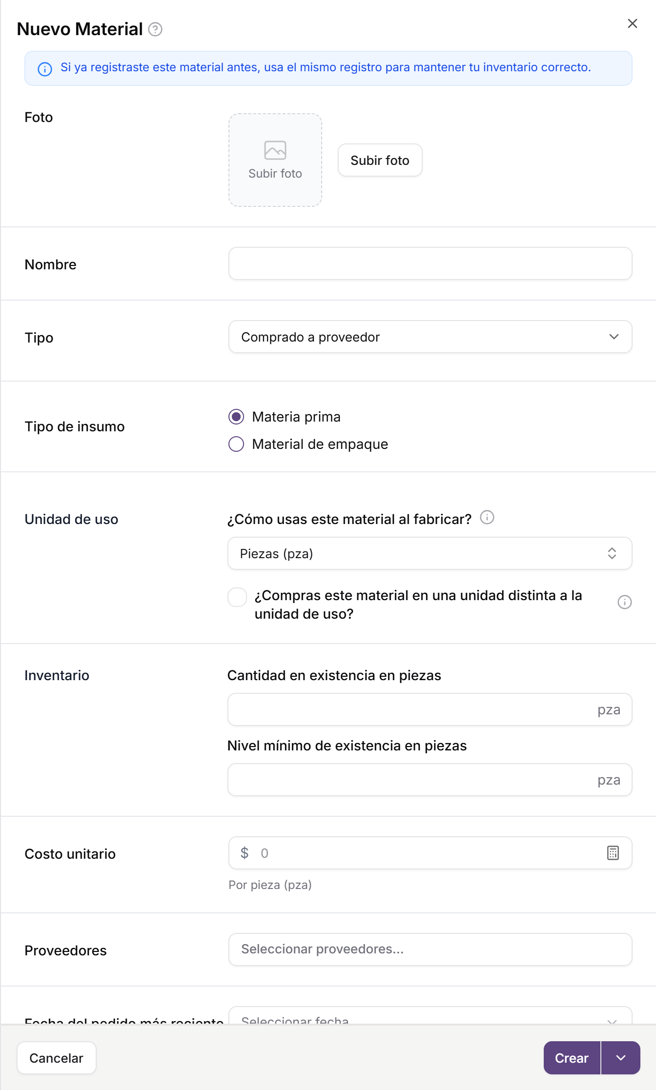 Formulario para crear un material nuevo