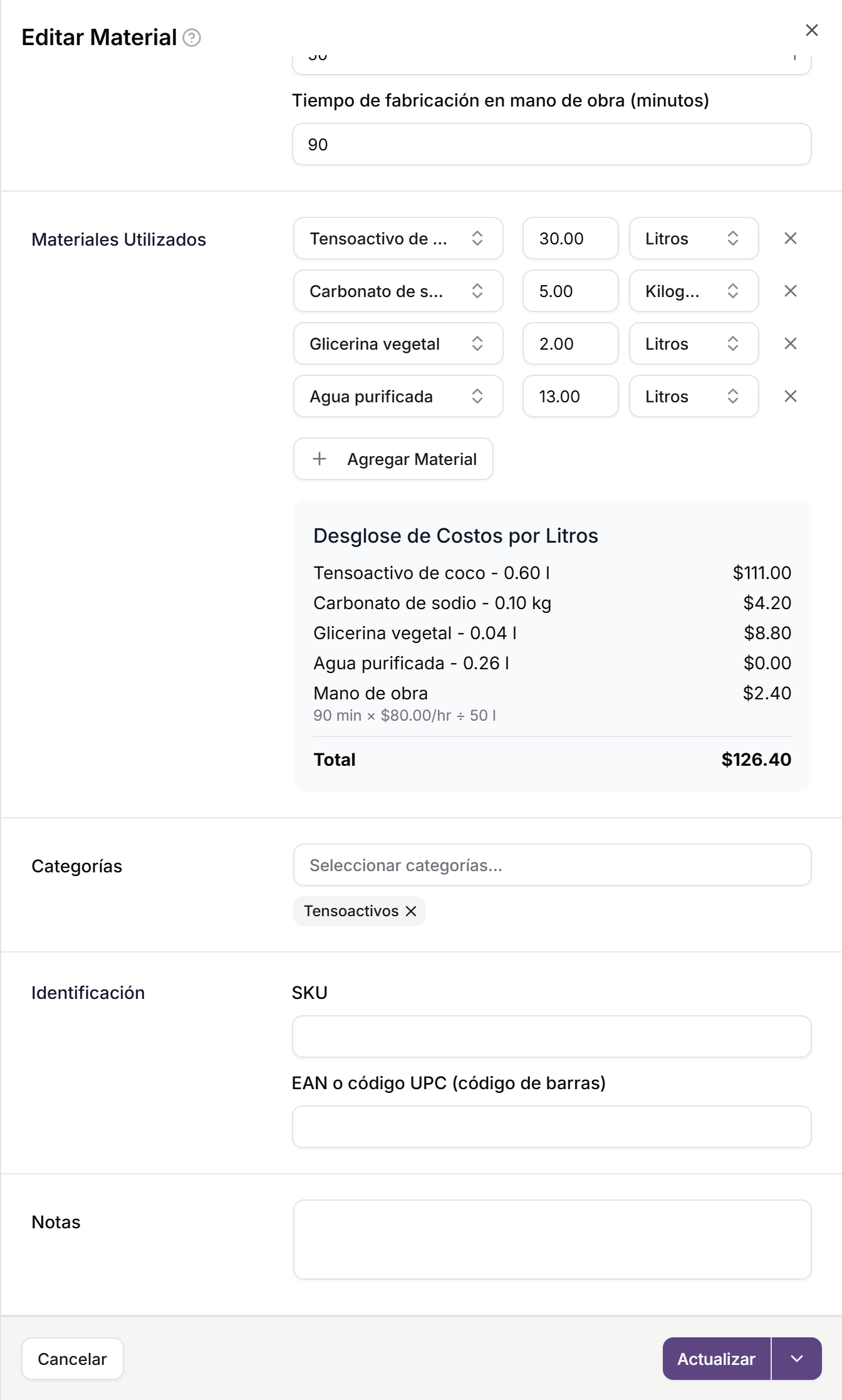 Lista de materiales y desglose de costos de un material fabricado