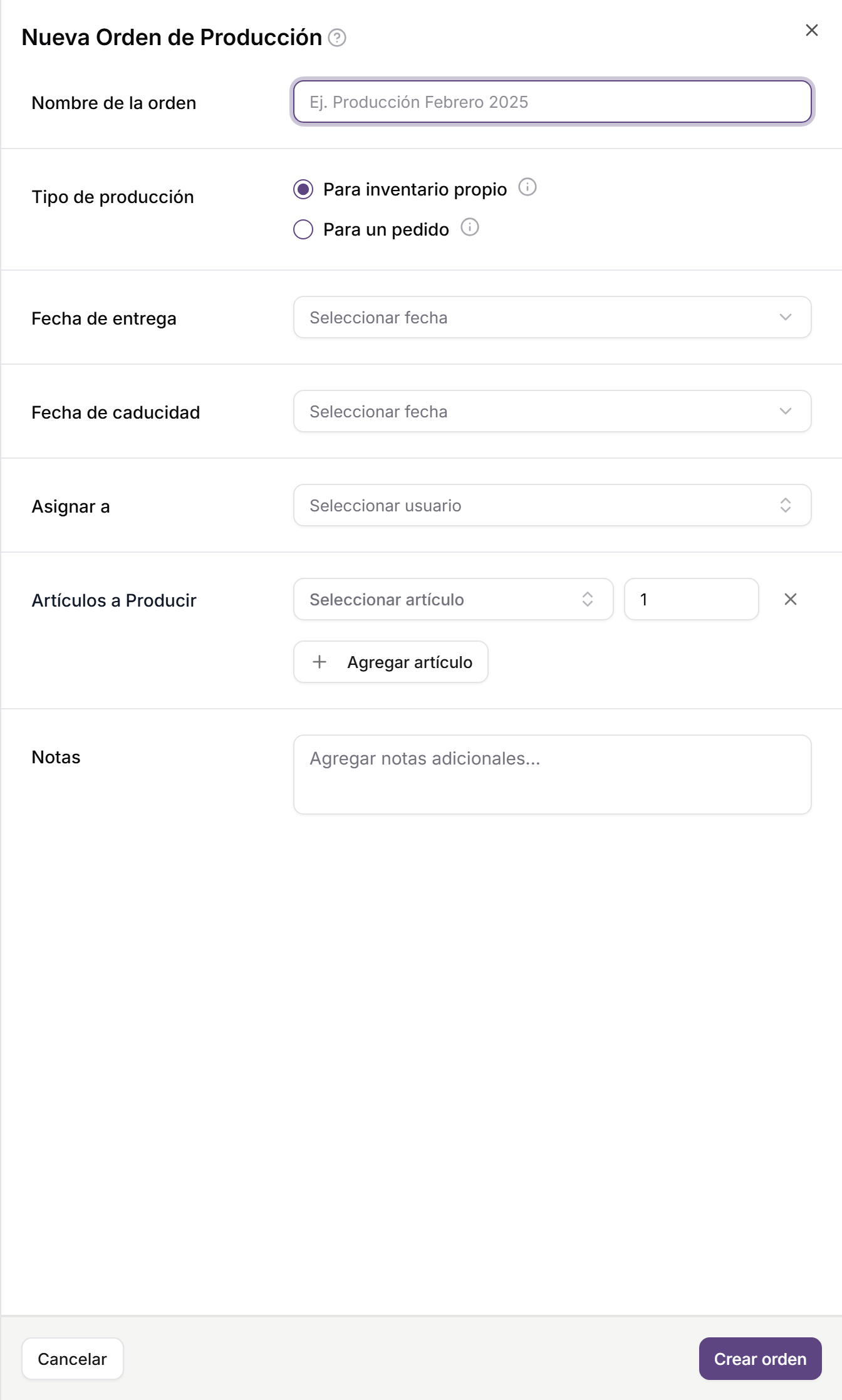 Formulario para crear una orden de producción