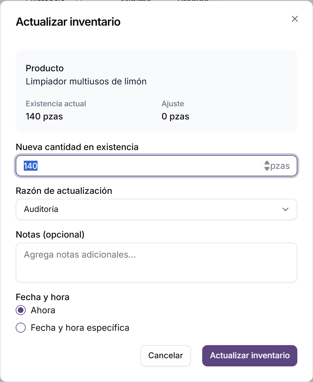 Diálogo para actualizar el inventario de un producto