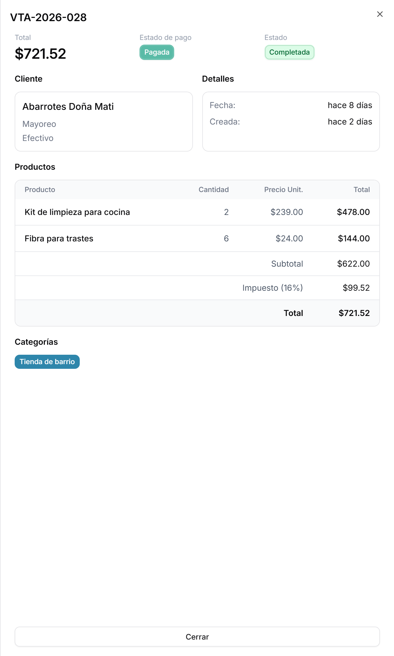 Hoja de detalles de una orden de venta